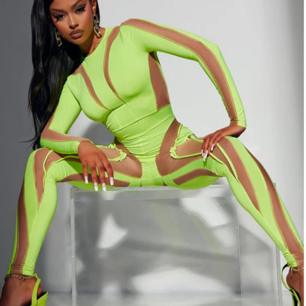 Fashion Nova sheer jumbsuit neon xs